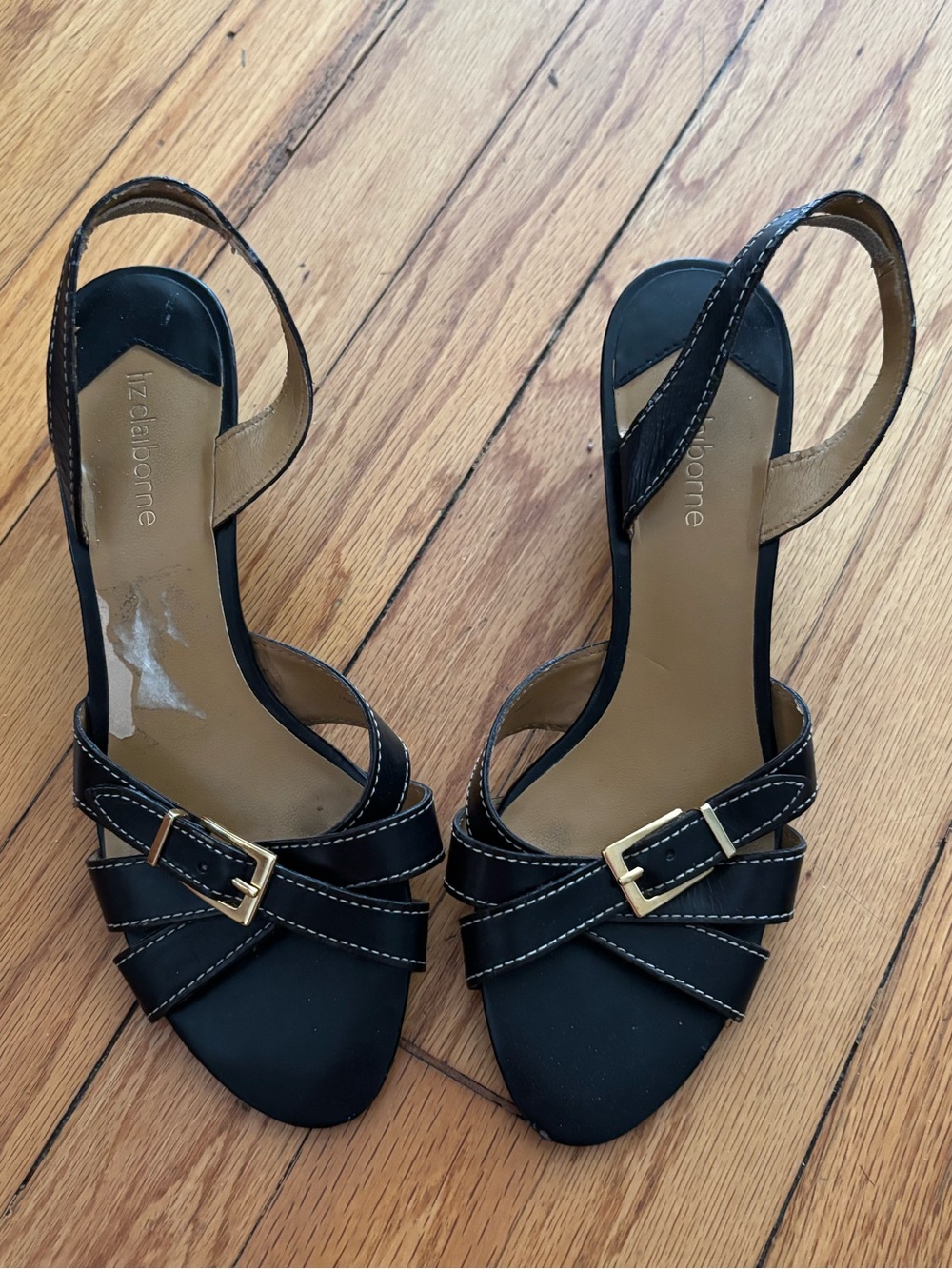 Liz Claiborne Black Sandal Heels with Gold Buckles